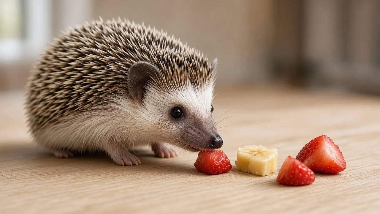 Ouriço pigmeu comendo um pedacinho de morango e banana